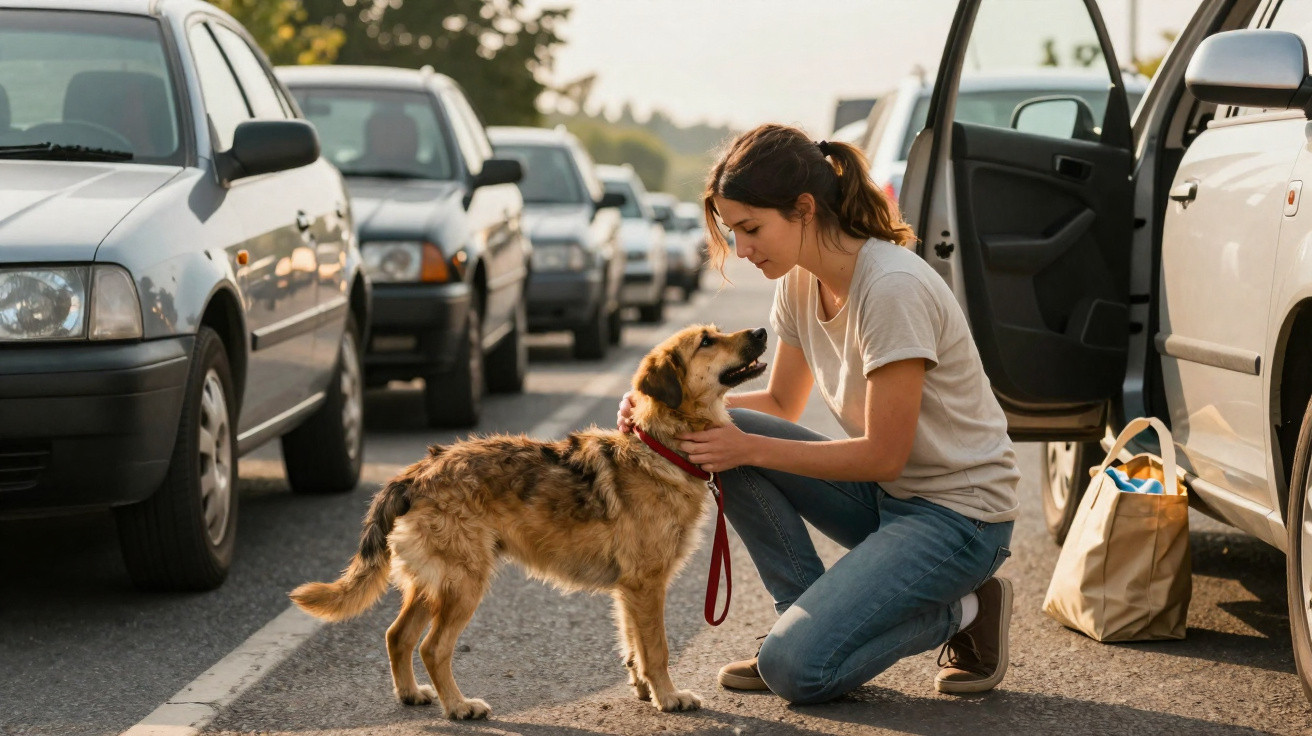 Mulher ajoelhada junto a cão na berma da estrada com vários carros parados ao fundo.