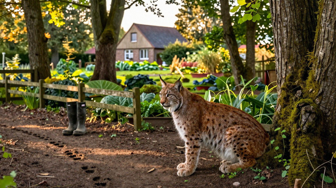 Lince sentado num jardim junto a árvores e bota de borracha preta em dia ensolarado numa quinta.