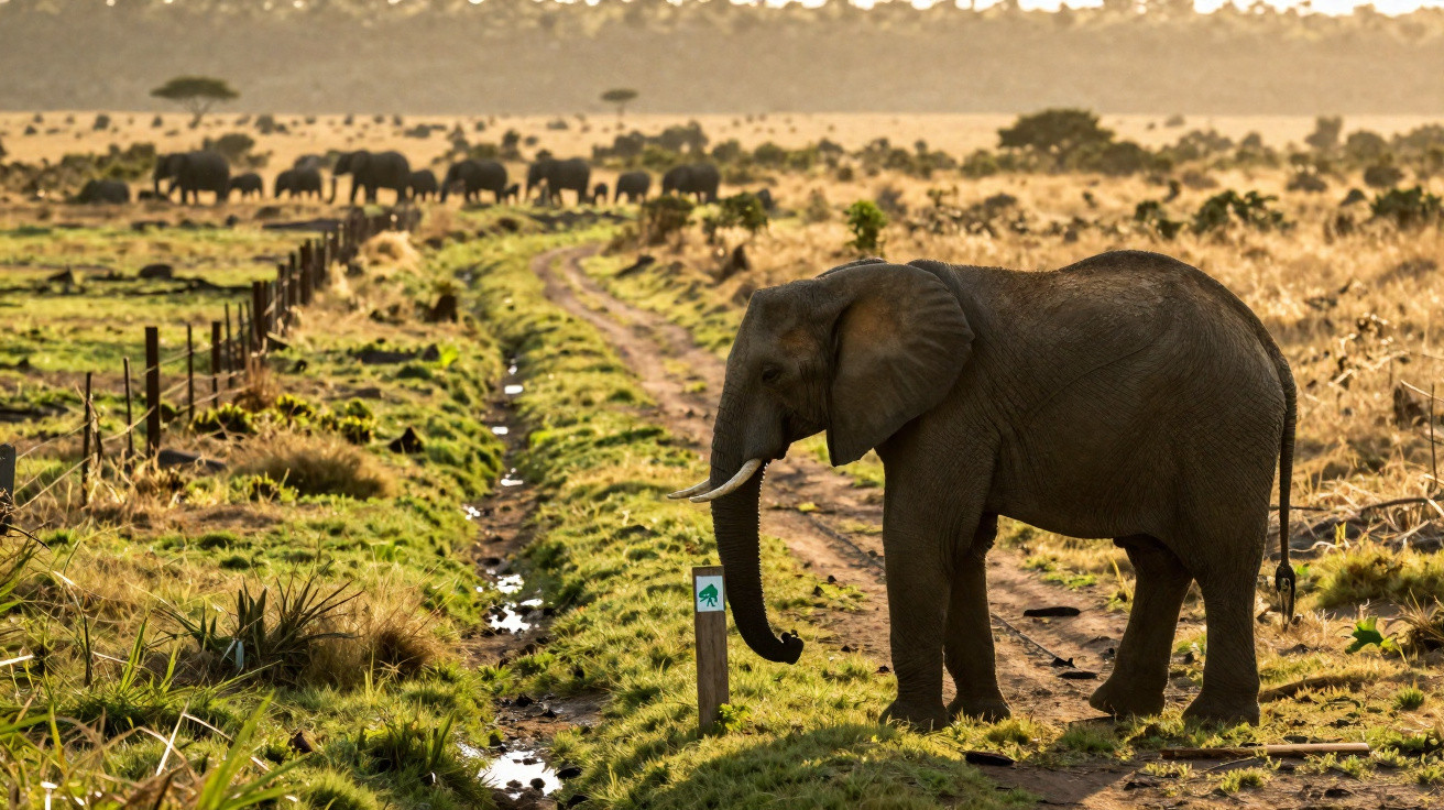 Elefante numa estrada de terra numa savana com uma manada de elefantes ao fundo ao nascer do sol.