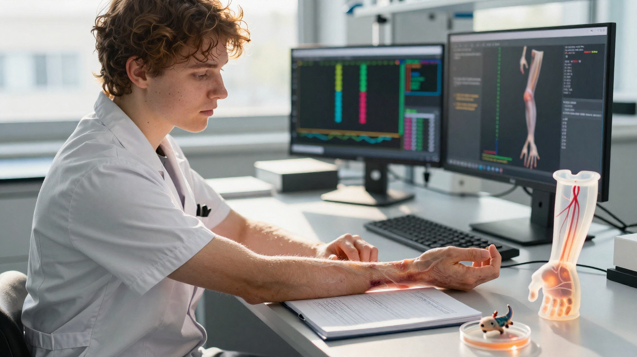 Pessoa a fazer análise médica virtual do braço com modelos 3D numa consulta clínica.