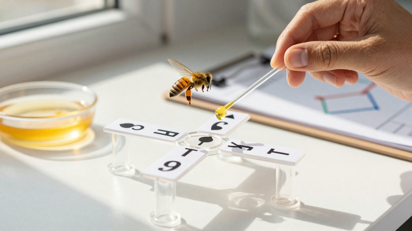 Abelha a voar perto de pipeta com gota amarela, sobre dispositivo de teste com letras e números.