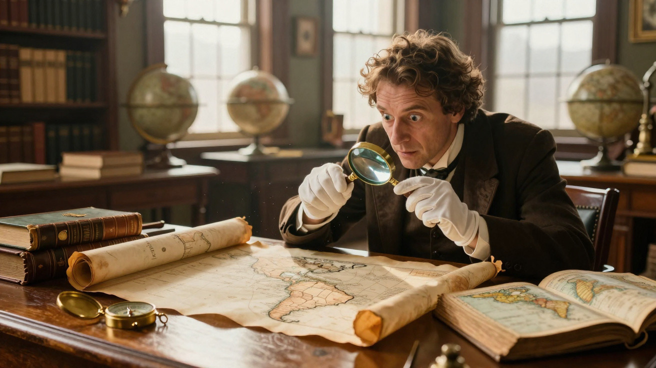 Homem de luvas brancas examina mapa antigo sobre mesa numa sala com globo e livros.