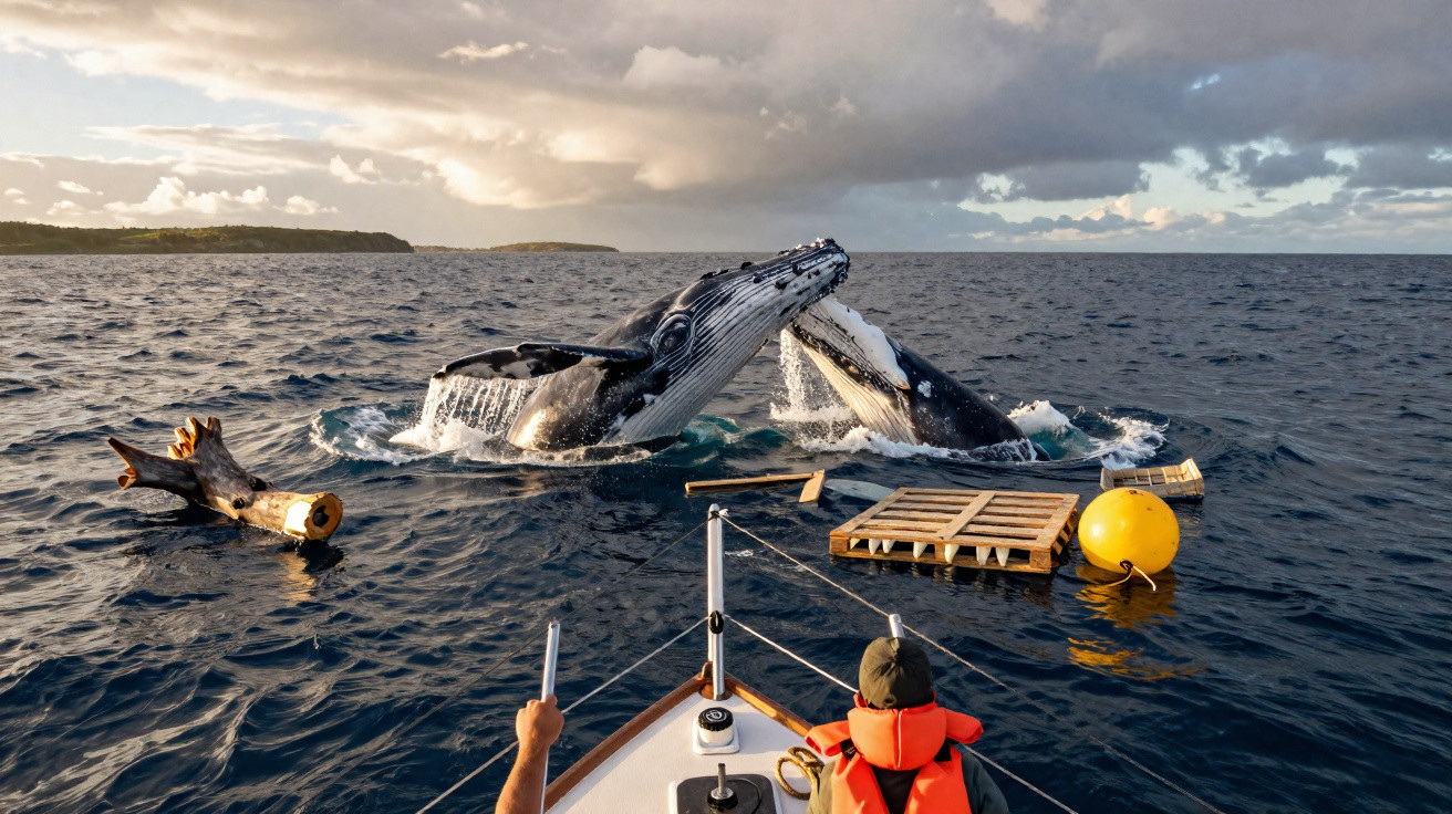Duas baleias jubarte saltam próximas de um barco com pessoas, rodeadas por detritos flutuantes no mar.