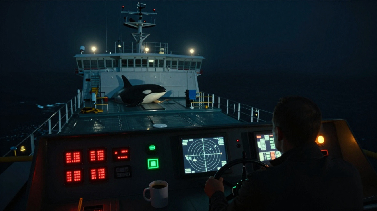 Marinheiro a conduzir um navio à noite, com um modelo de orca na proa iluminada.