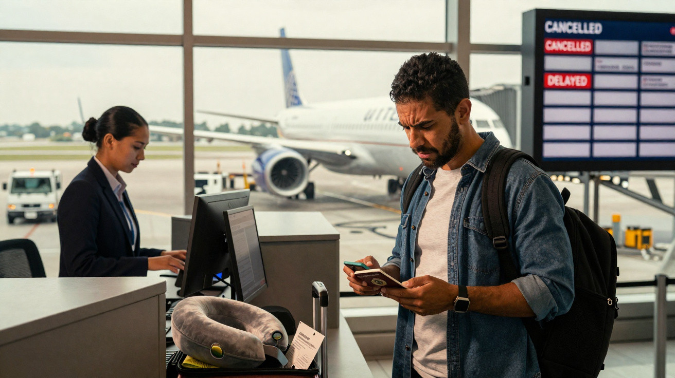 Passageiro preocupado com atrasos ou cancelamentos de voos consulta telemóvel no balcão do aeroporto.