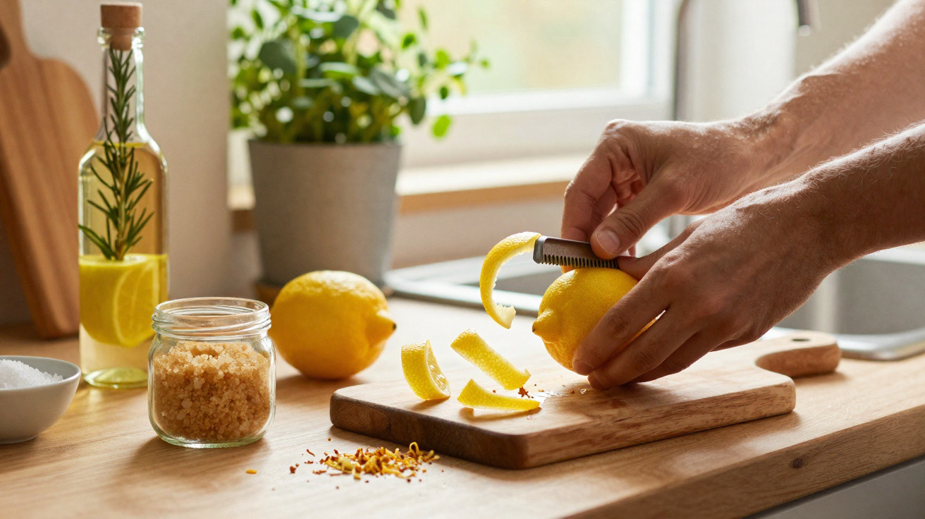Pessoa a cortar a casca de um limão numa tábua de madeira numa cozinha com ingredientes à volta.