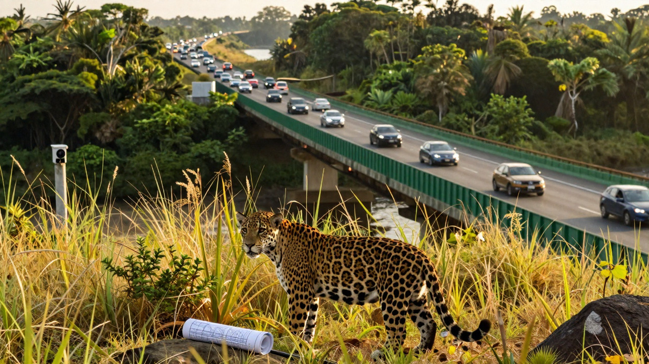 Leopardo junto a rio e ponte com trânsito intenso de carros ao fundo em área com vegetação densa.