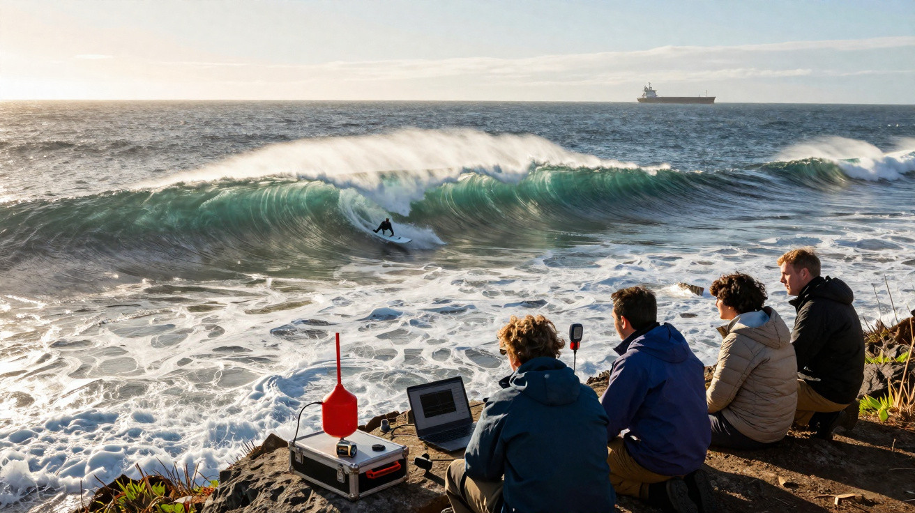 Quatro pessoas observam e filmam surfista numa grande onda no mar, com navio ao fundo.