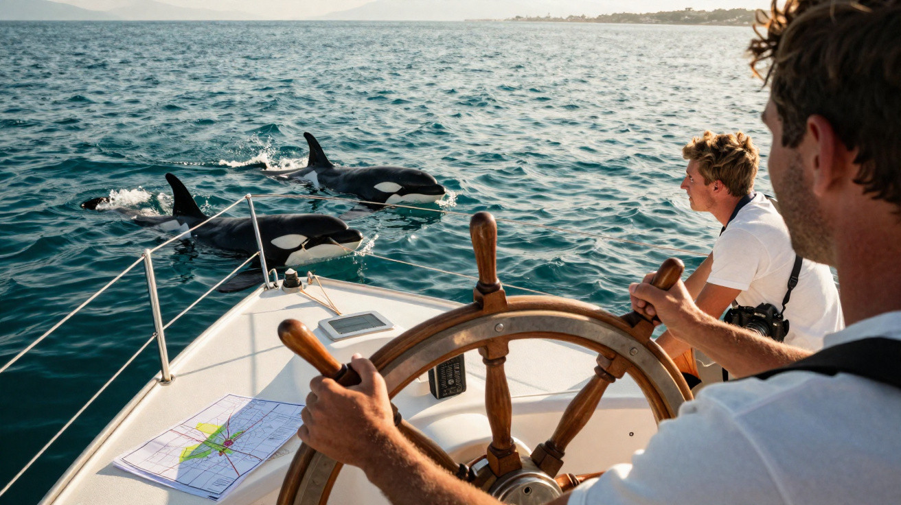 Duas pessoas num barco a velejar com orcas a nadar ao lado no mar calmo perto da costa.