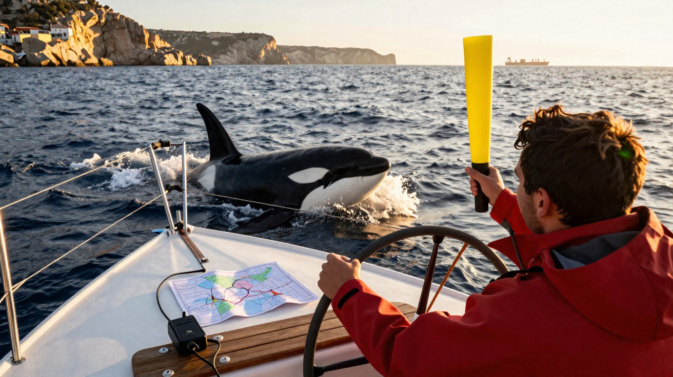 Homem num barco com apito amarelo observa uma orca próxima em mar aberto ao pôr do sol.