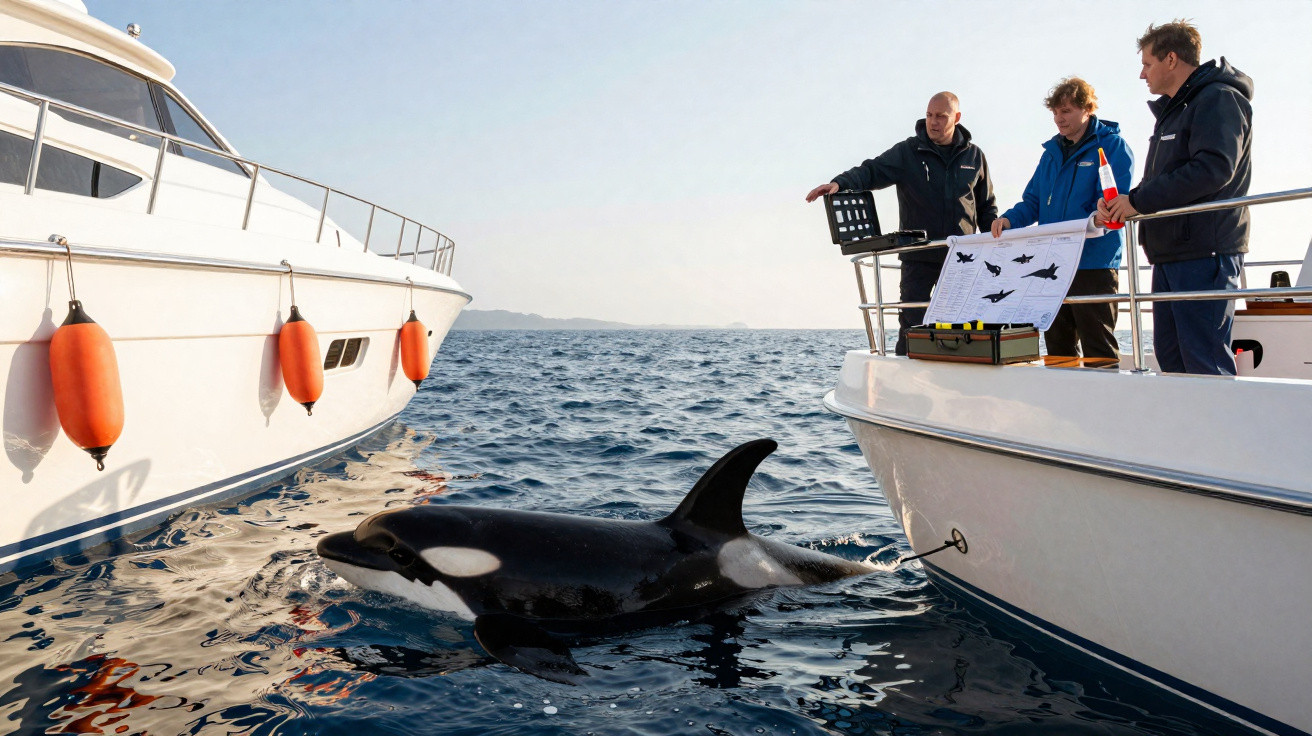 Orca na água entre dois barcos com três homens a observá-la e a analisar documentos náuticos.