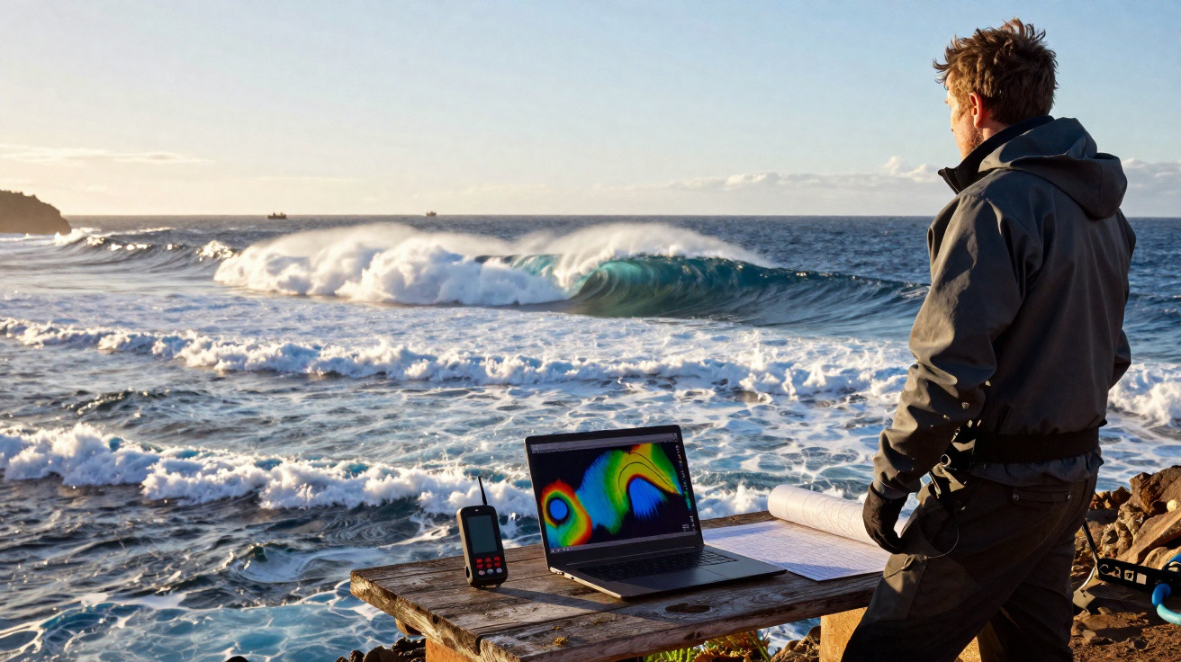 Homem observa o mar com onda a formar enquanto utiliza computador e rádio numa mesa rústica à beira-mar.