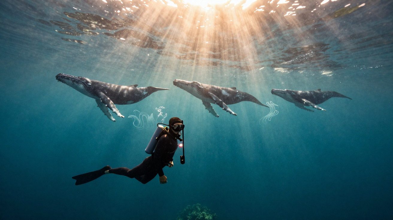 Mergulhador submarino nada junto a três baleias sob a luz do sol penetrando na água.