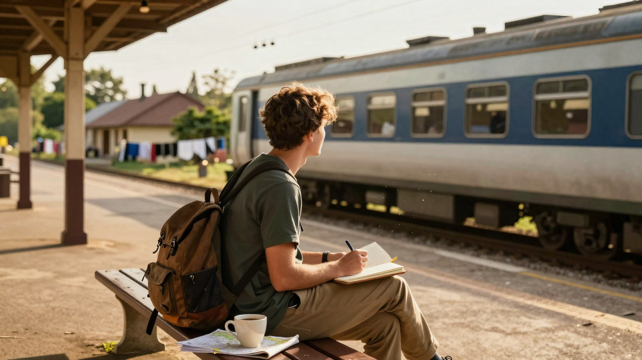Jovem sentado numa estação de comboios com mochila, escrevendo num caderno enquanto espera o comboio passar.