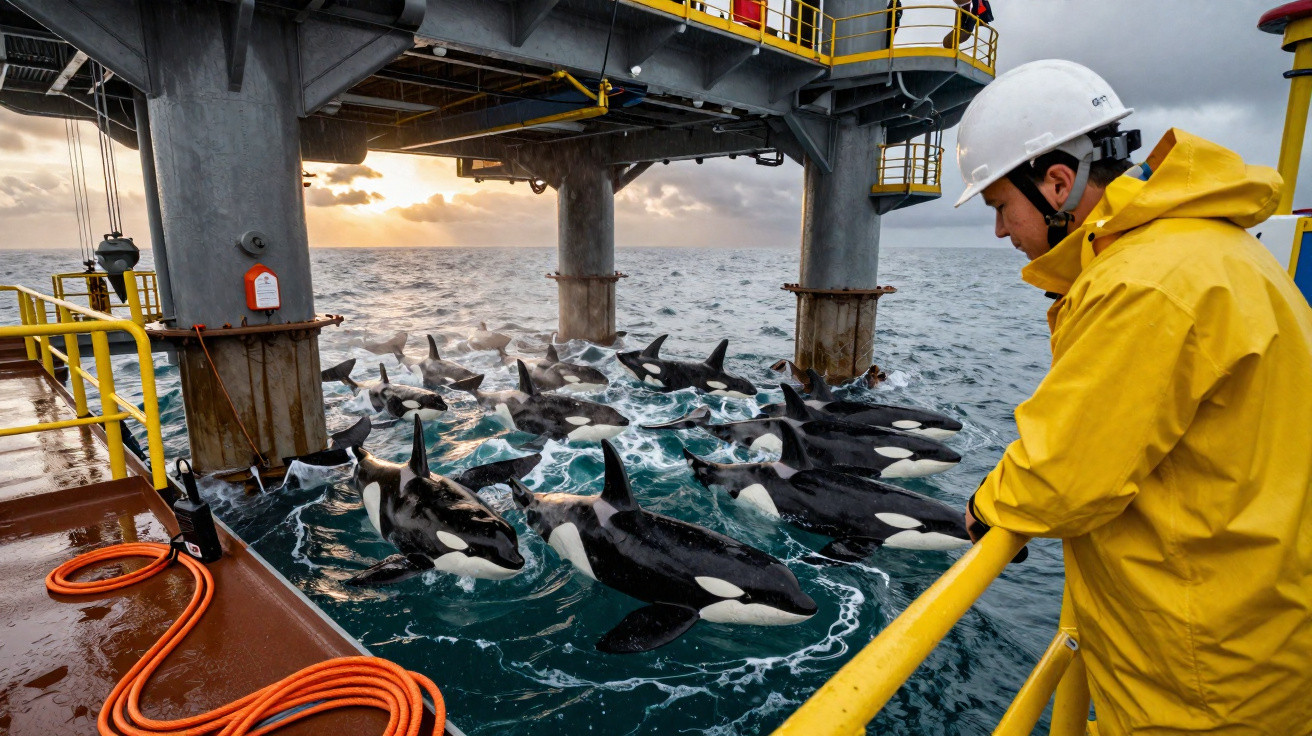 Homem com fato de proteção amarelo observa grupo de orcas junto a plataforma marítima ao pôr do sol.