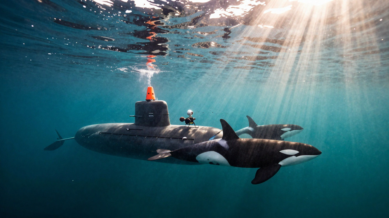 Submarino preto submerso junto a duas orcas nadando em águas iluminadas pela luz solar.