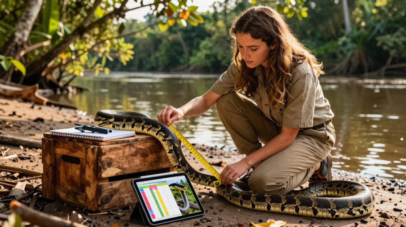 Jovem cientista mede uma sucuri amarela numa margem de rio, com tablet e caderno para registar dados.