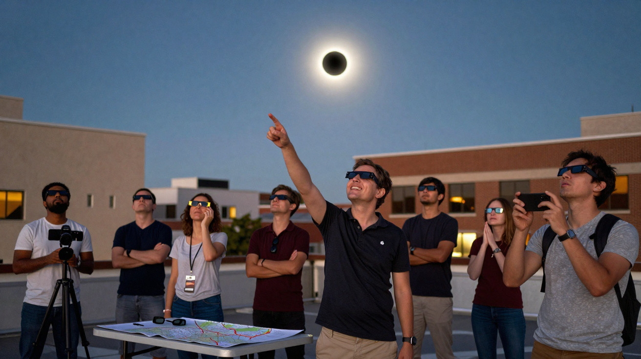 Grupo de pessoas em terraço a observar eclipse solar com óculos escuros de proteção à noite.