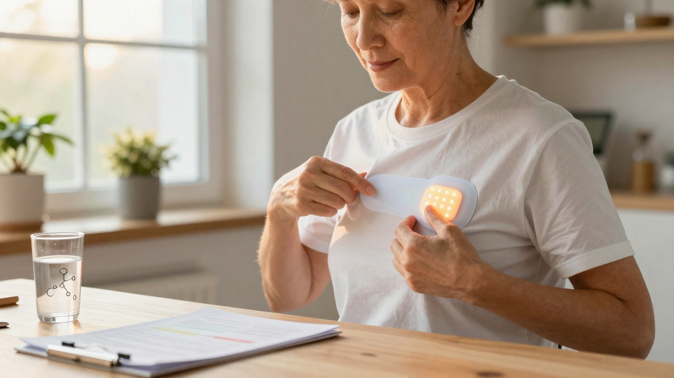 Mulher usa dispositivo de luz LED para terapia na área do peito numa mesa com documentos e copo de água.