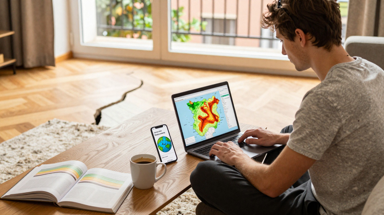 Homem sentado no chão a analisar mapas e gráficos geográficos num portátil e telemóvel numa sala iluminada.