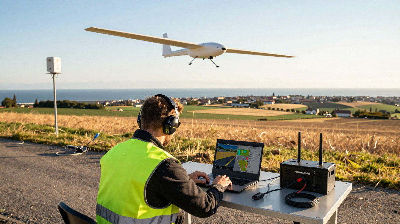Homem com colete de segurança controla drone com laptop numa mesa ao ar livre numa zona rural junto ao mar.