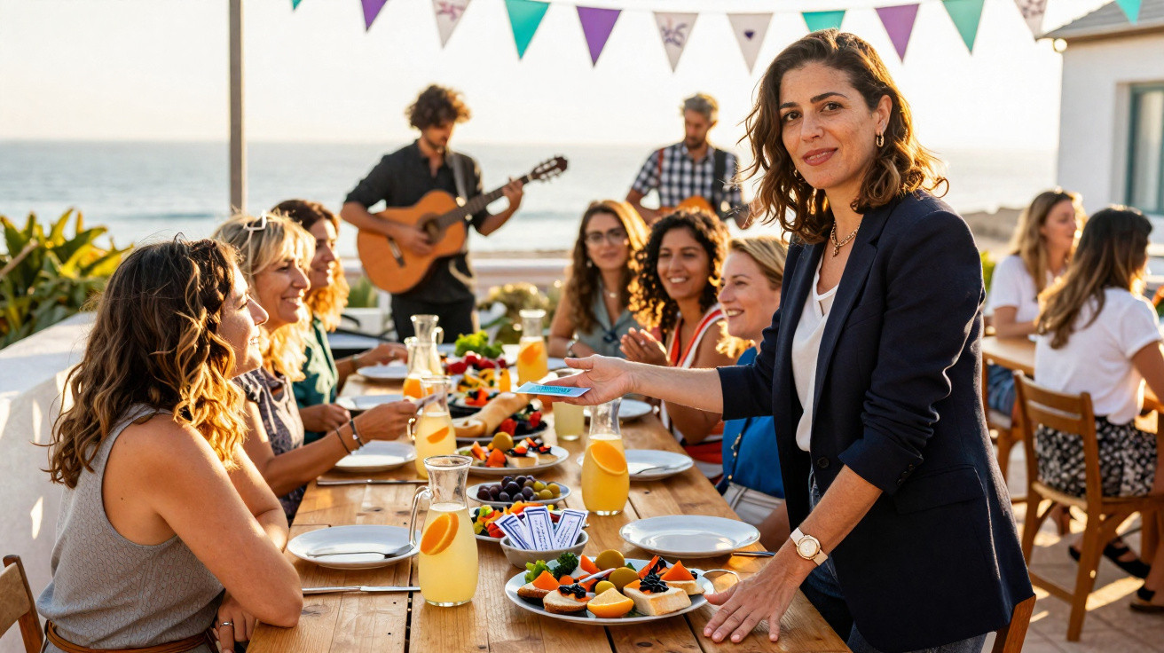 Grupo de amigos a desfrutar de uma refeição ao ar livre junto ao mar, com música ao vivo.
