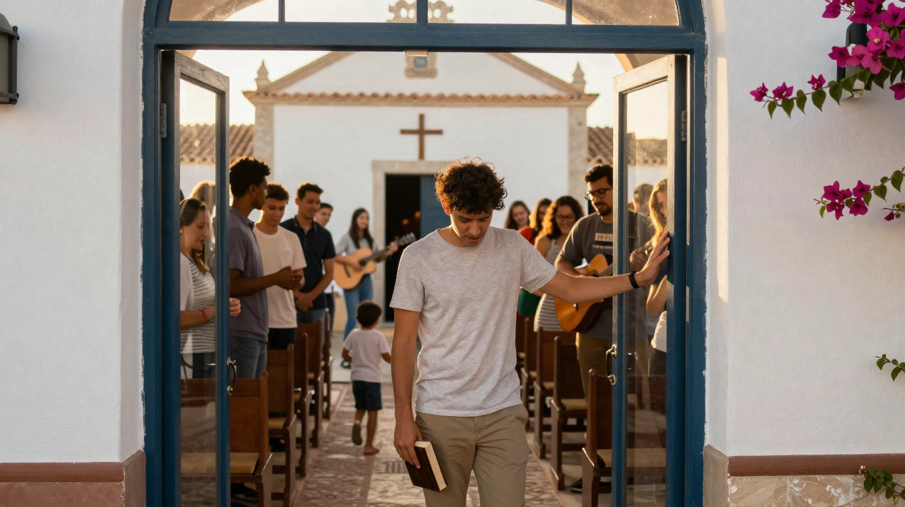 Jovem a sair de pequena igreja com Bíblia na mão, enquanto grupo canta e toca violão no interior.