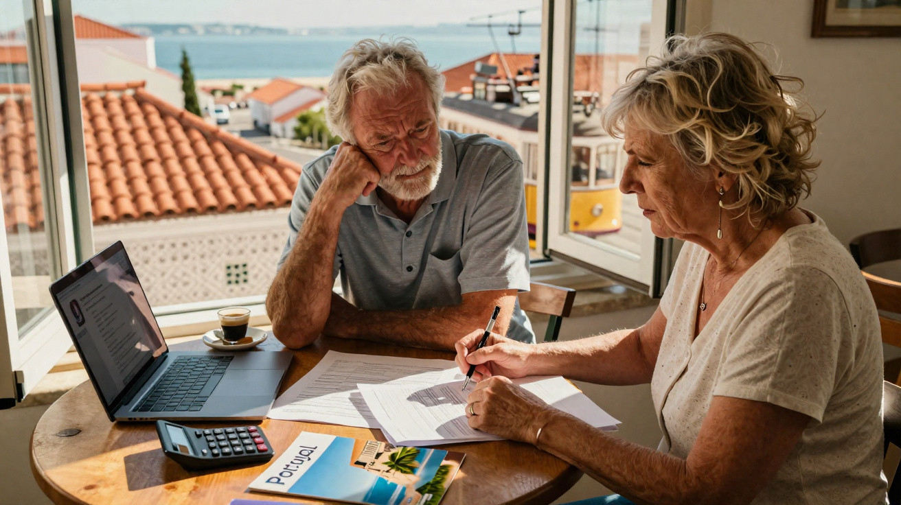 Casal sénior a analisar documentos numa mesa com laptop, calculadora e vista para o mar.