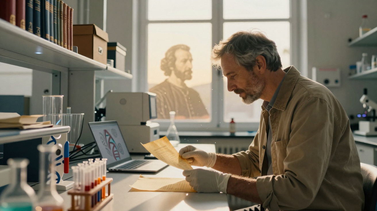 Homem de idade média a analisar documentos num laboratório científico com equipamento e computador.
