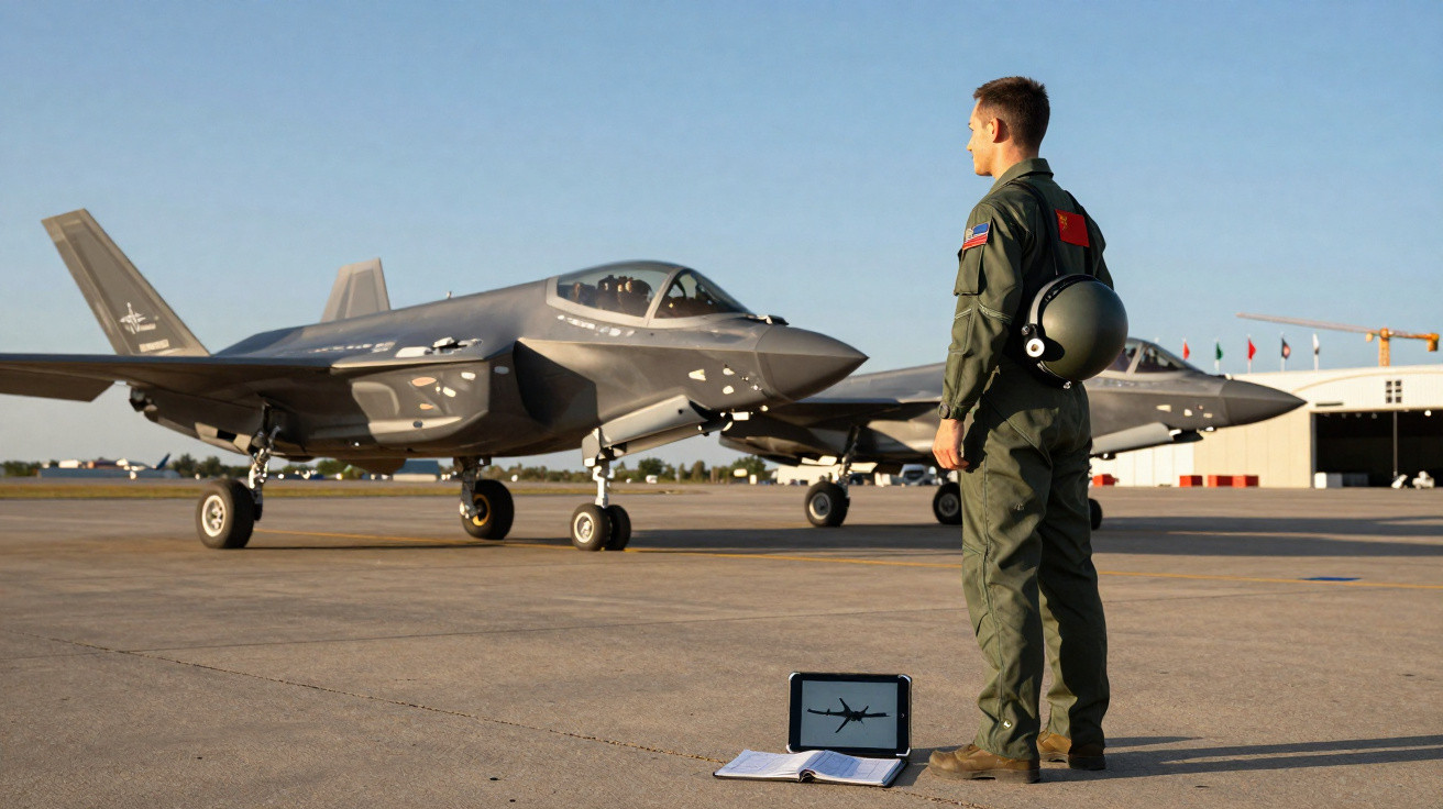 Piloto militar em fato de voo observa dois caças F-35 numa pista de aeroportos ao pôr do sol.
