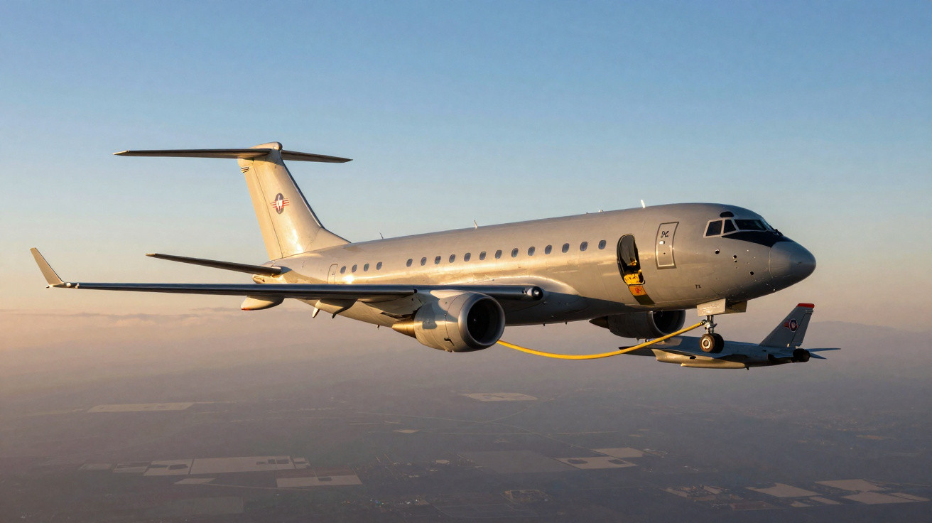 Avião militar cinzento em voo com um pequeno drone acoplado na sua asa, num céu limpo ao pôr do sol.