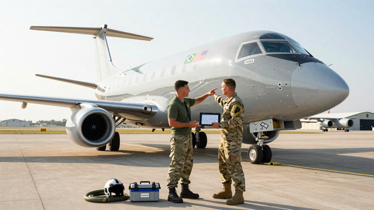 Dois militares juntos em pista de aeroporto ao lado de avião de combate cinzento, com equipamento no chão.