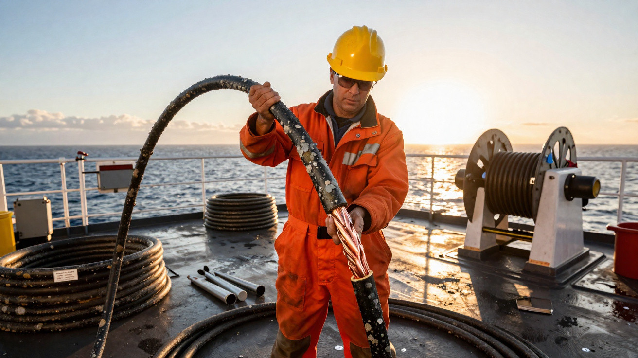 Homem com equipamento de proteção segura cabo elétrico grosso no convés de um navio ao pôr do sol.