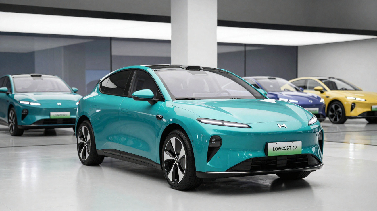 Carro elétrico azul turquesa em exposição numa sala moderna com outros carros coloridos ao fundo.