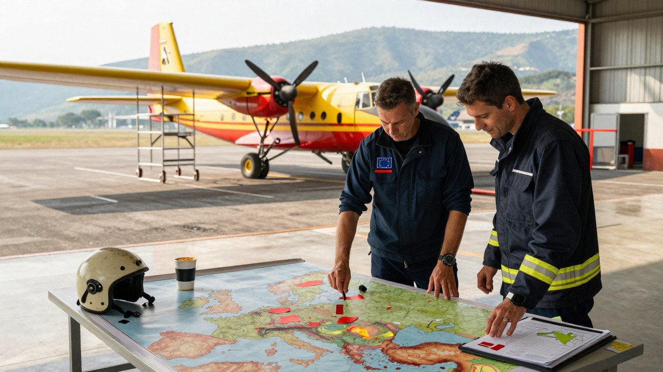 Dois bombeiros analisam um mapa de incêndios num hangar com um avião de combate a incêndios ao fundo.
