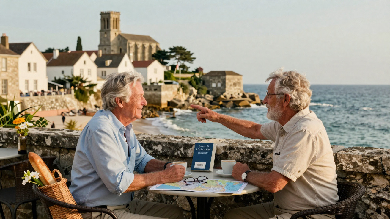 Dois homens idosos sentados junto ao mar, converseira animada, mapa e livro sobre a mesa num café ao ar livre.