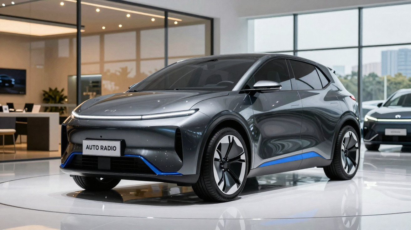 Carro elétrico moderno cinzento com detalhes azuis exposto numa sala de exposição iluminada.