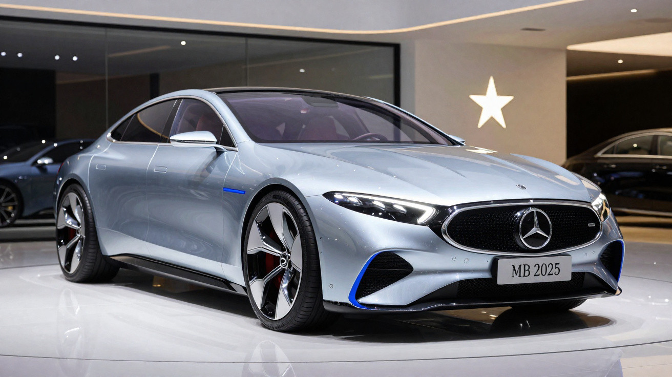 Automóvel desportivo eléctrico Mercedes-Benz prata exibido em salão moderno, com faróis ligados.
