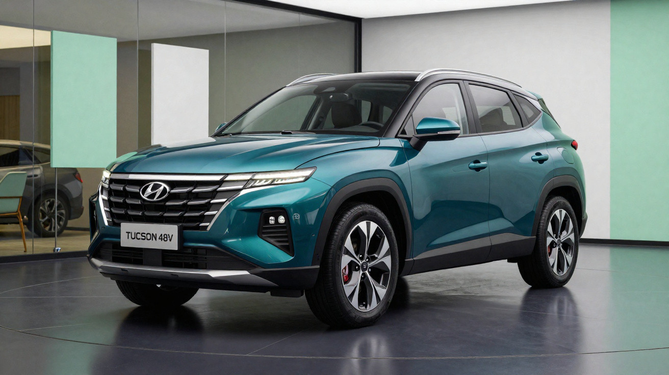 Carro SUV Hyundai Tucson 48V azul escuro estacionado em espaço interior moderno com parede verde.