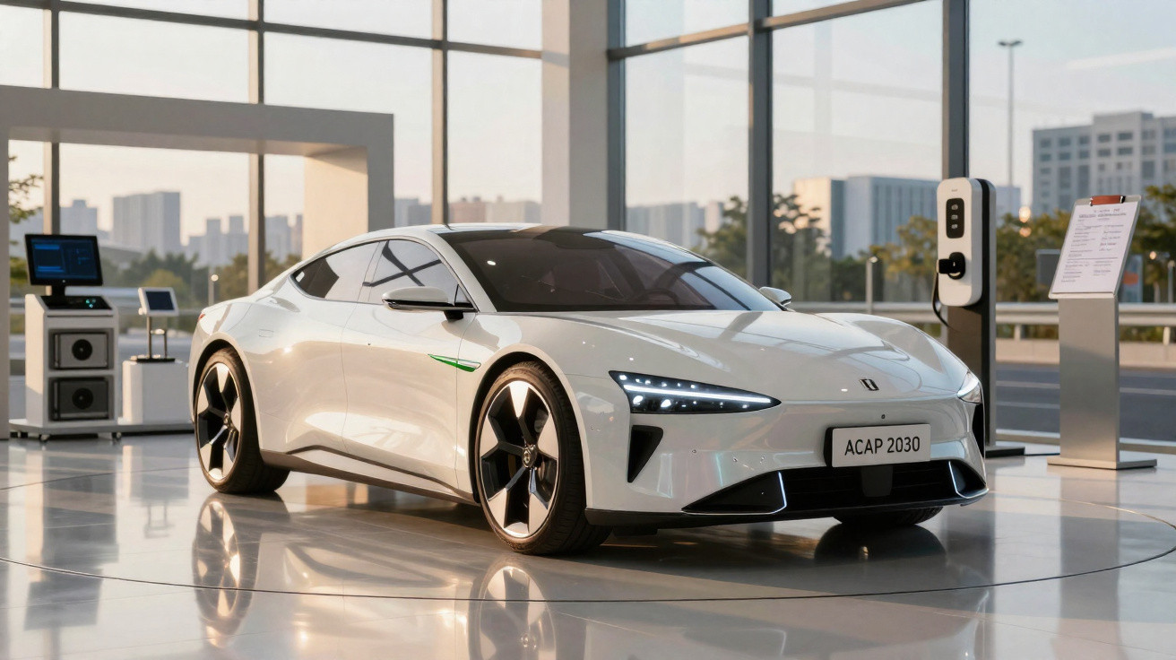 Carro elétrico branco futurista estacionado em showroom moderno com carregador conectado e paisagem urbana ao fundo.
