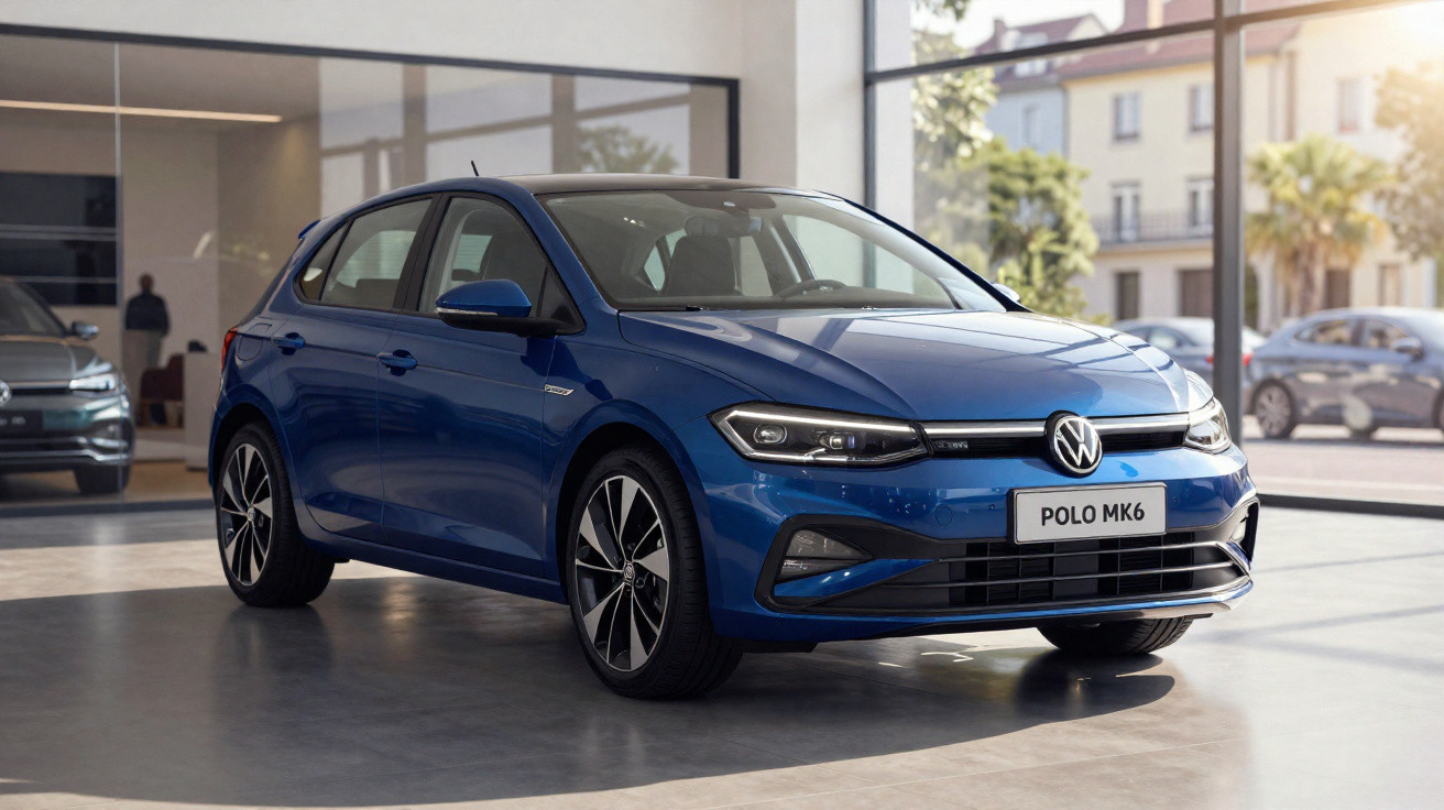 Carro Volkswagen Polo MK6 azul em exposição numa sala com grandes janelas.