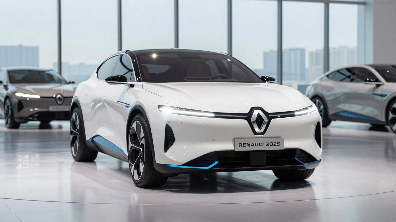 Carro elétrico branco desportivo Renault 2025 exposto em showroom moderno com janelas amplas e outros carros ao fundo.