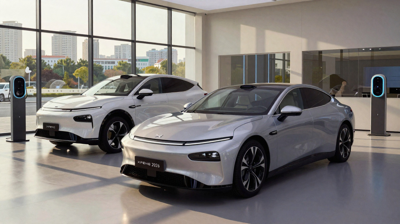 Dois carros elétricos modernos cinzentos num interior de exposição com carregadores ao lado.
