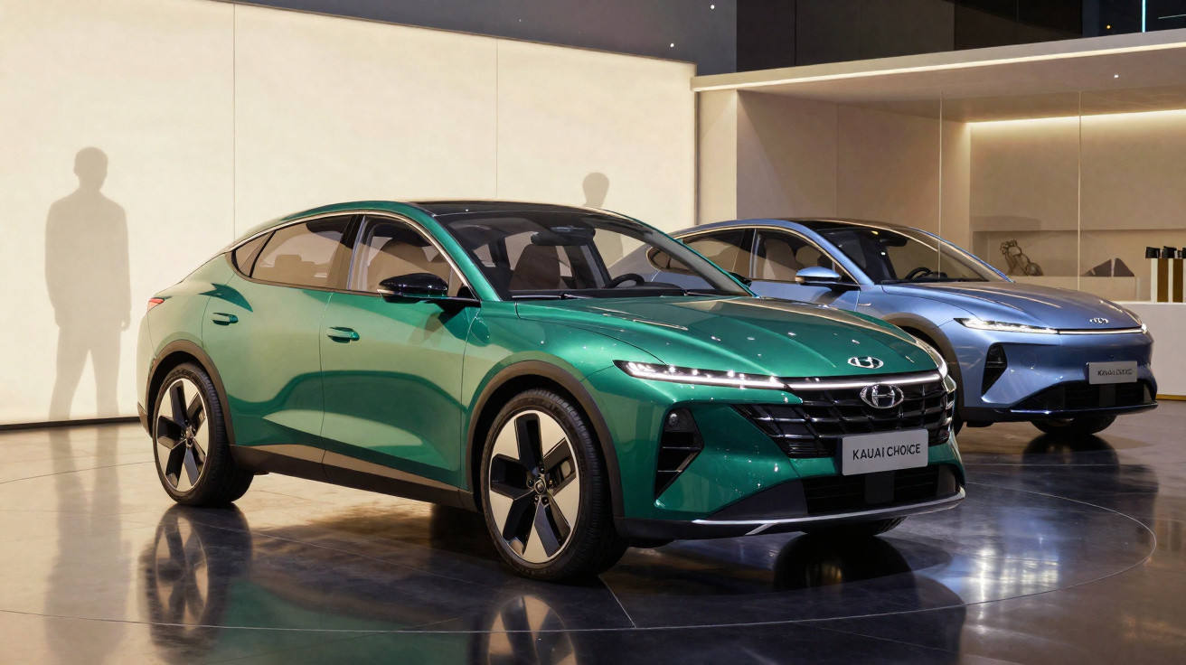 Dois carros elétricos modernos Hyundai Kauai Choice em exposição, um verde em primeiro plano e outro azul ao fundo.
