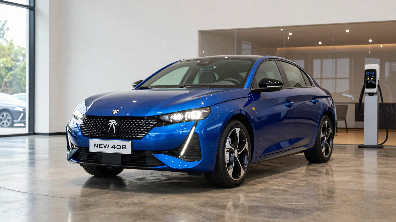 Peugeot New 408 azul exibido numa exposição, em ambiente interior com carregador elétrico ao fundo.