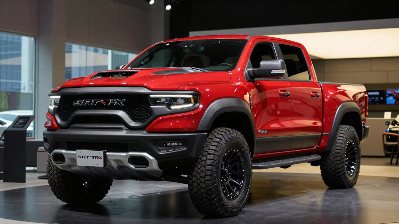 Picape vermelha SRT TRX em exposição em salão automóvel com pneus off-road largos e design robusto.