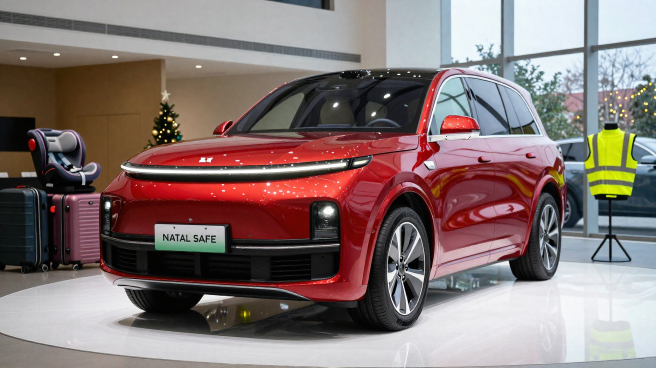 SUV vermelho moderno exibido numa sala iluminada com decoração natalícia e mala preta ao lado.