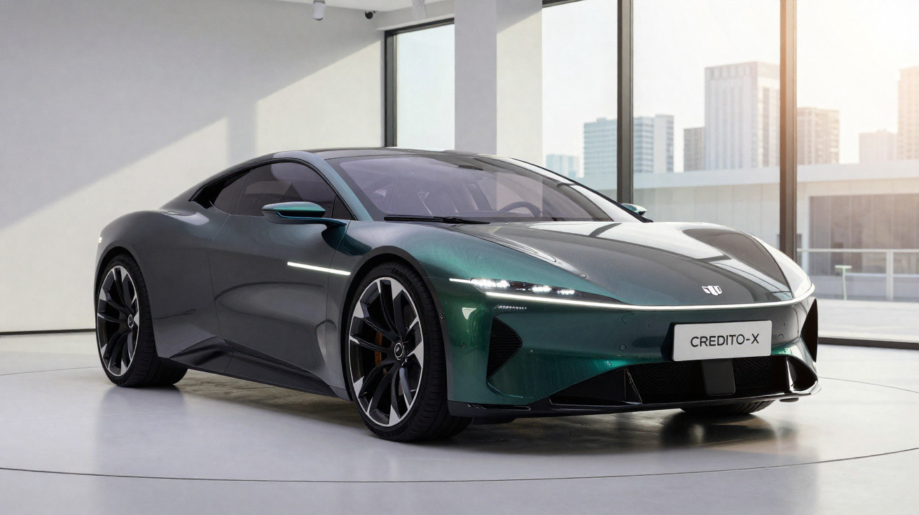 Carro desportivo eléctrico verde escuro numa sala de exposições moderna com janelas amplas e vista urbana.