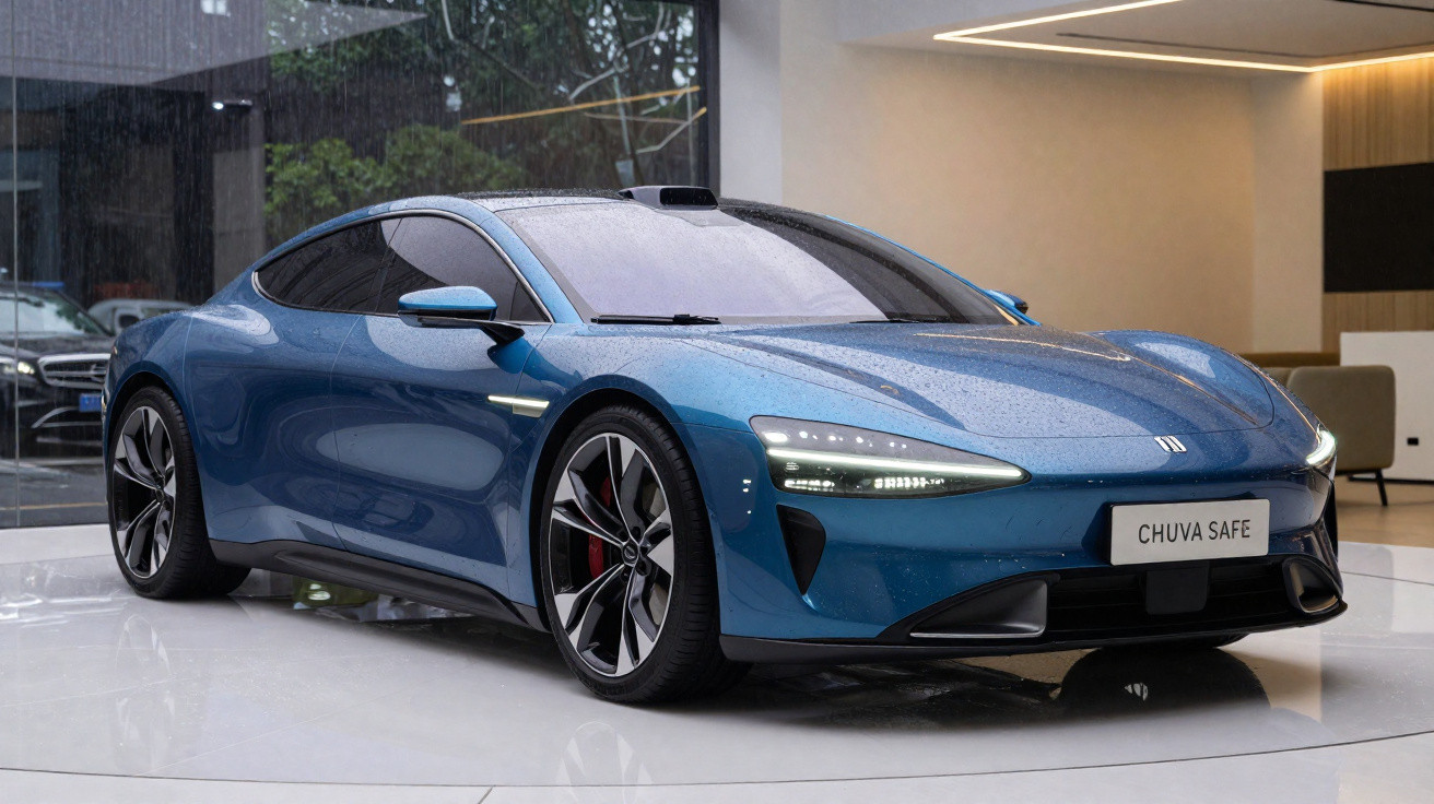 Carro desportivo azul com design moderno exposto em interior contemporâneo, com luzes LED e chuva visível no vidro.