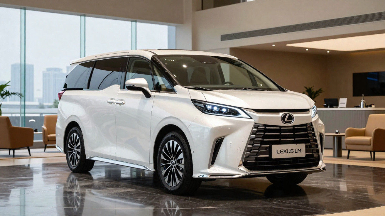 Veículo SUV branco Lexus LM exibido num showroom moderno com piso brilhante e mobília contemporânea.